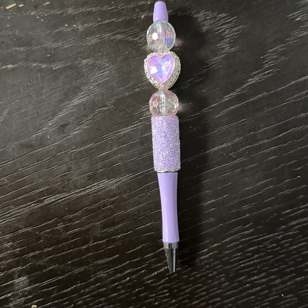 Purple Beaded Pen with Heart Accent handmade